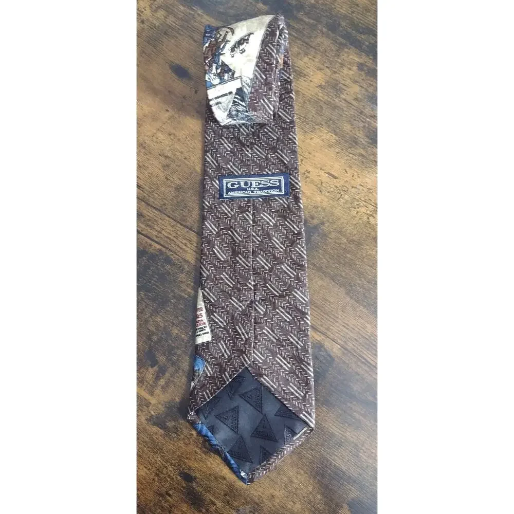 1990s Guess mens tie vintage 90's preppy necktie multicolor brown ski theme